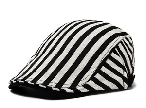 Detailed side profile view of the striped pattern on this cotton-linen beret cap.