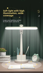 Detail view of foldable white LED eye-protection desk lamp with integrated pen holder base