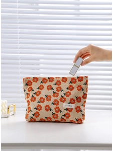 Floral corduroy makeup bag with retro flower pattern and spacious storage for toiletries