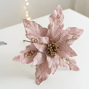 Fiore di Natale artificiale da 26 cm in velluto rosa con paillettes dorate lucide
