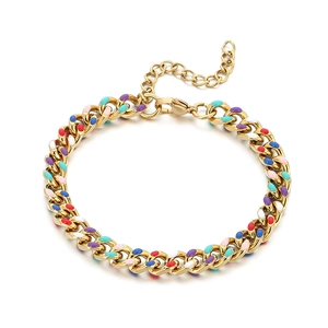 Golden 18K stainless steel Cuban chain bracelet with colorful enamel dots for women