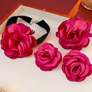 French vintage style velvet rose choker necklace and matching flower brooch set in magenta