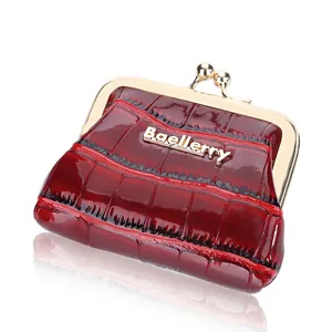 Glossy dark red crocodile pattern coin purse with elegant gold metal clasp closure