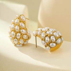 Vintage 18K gold plated titanium water drop earrings with white pearls for women