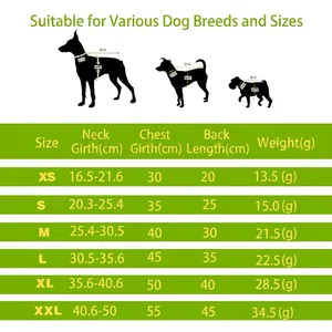Size chart for cotton striped dog vest with measurements for neck, chest, and back length