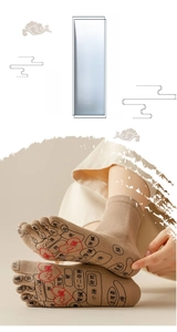 Detail of five-toe acupressure massage socks with printed organ reflexology chart on sole