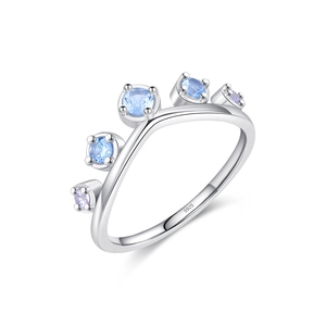 S925 sterling silver crown ring with five round light blue gemstones for women