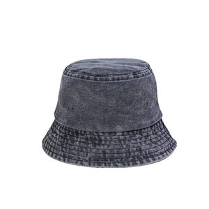 Unisex vintage washed grey denim bucket hat with reinforced stitching and minimalist style