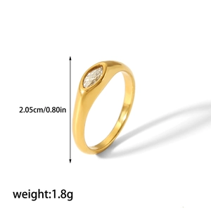 Detail showing 18K gold stainless steel ring with marquise cut zircon and 1.8g weight