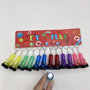 Detailed view of colorful mini LED flashlight keychains with bright white light effect
