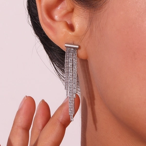 Silver stainless steel T-bar long fringe tassel drop earrings with sleek chain dangles