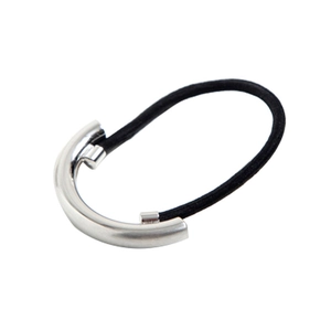Minimalist elastic hair tie featuring a polished silver C-shaped metal ornament on white