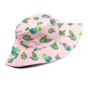 Close-up of pink bucket hat with green cactus print and reinforced brim stitching