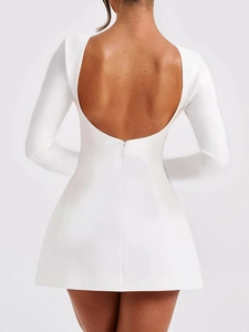 Elegant white backless long sleeve mini dress with invisible zipper and A-line skirt