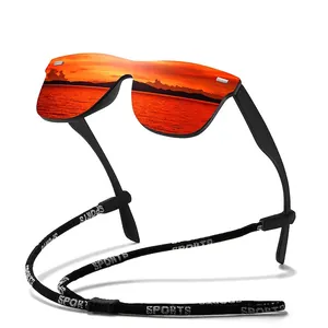 Polarized sports sunglasses with orange mirrored lenses and adjustable black sports strap