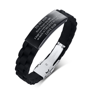 Men's black silicone bracelet with a black stainless steel engraved plate for sons