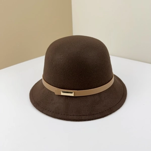 Elegant dark brown wool bucket hat with light brown belt strap and gold buckle detail
