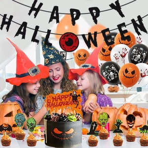 Set de decoración fiesta Halloween con cartel Happy Halloween, adornos de tarta y globos