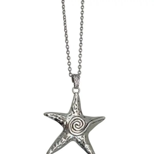 Vintage Y2K silver textured starfish pendant necklace with spiral engraving on white background