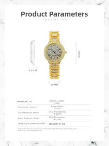 Detailed size specifications for women's luxury quartz watch with full crystal inlay