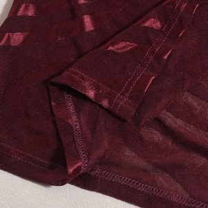 Détail macro du tissu mesh bordeaux à rayures montrant la texture et les coutures