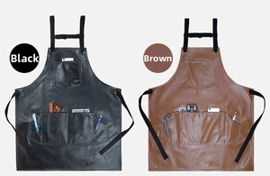 Dettaglio di grembiuli da lavoro in pelle PU impermeabile nero e marrone con tasche