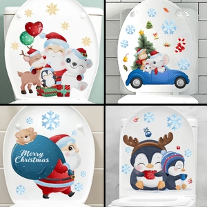 Christmas Toilet Lid Stickers PVC Waterproof Self-Adhesive Bathroom Decals Cartoon Santa Reindeer Penguin Snowflakes