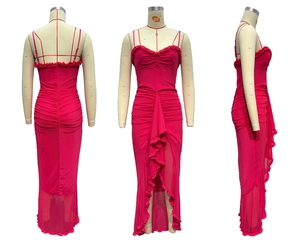 Three-view display of rose red ruched midi dress with ruffled hem and sweetheart neckline