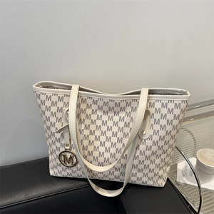Chic beige PU leather tote bag with gray M-letter print and round metal pendant