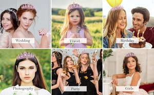 Pink bridal tiara shown in multiple scenes including weddings, birthdays and parties