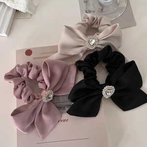 Elegant Satin Bow Scrunchie With Rhinestone Heart Large Hair Tie High Elasticity French Style Accessories For Women Girls