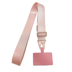 Detail view of pink fabric phone lanyard with matching metal hook and secure patch