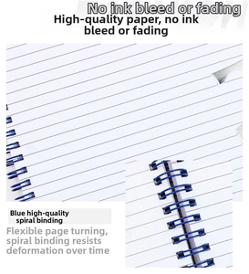 Detail of spiral notebook with durable blue twin-wire binding and premium ink-proof paper