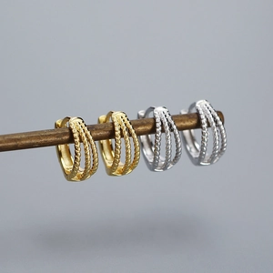 Three-layer twisted S925 silver hoop earrings in gold and silver finish for women