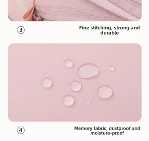 Pink travel organizer bag details showing fine stitching and water-resistant memory fabric