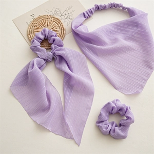 Chiffon lavender hair accessory set with long ribbon scrunchie and floral triangle headscarf