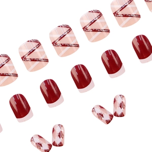 Glossy burgundy checkerboard press-on nails with red glitter and french tip accents
