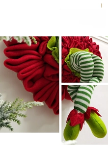 Detailed view of red velvet and green striped knit fabric on Christmas elf legs decoration