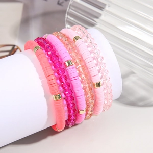 Bohemian 6-piece stretch bracelet set with pink clay heishi beads and crystals