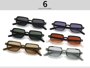 Detail view of retro square sunglasses in six assorted colors with golden arrow temple accents