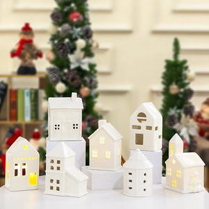 Ceramic Small House Ornament LED Light Nordic Style Hollow Design Christmas Desktop Decoration Miniature Building Night Light