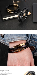 Macro shot of multilayer leather bracelet with durable stainless steel magnetic clasp