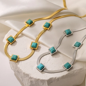 Necklace Titanium Steel Snake Bone Chain With Square Turquoise Inlay Vintage Bohemian Style Jewelry For Women