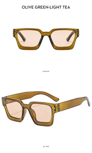 Front and 45-degree side view of olive green square sunglasses with tea lenses
