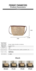 Tabella delle taglie e display multicolore di questa borsa a secchiello in paglia