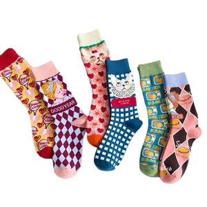 Lolita style mid-calf socks with Japanese cartoon cat and vintage graffiti patterns