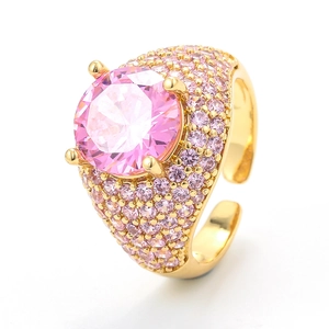 Hip hop gold plated ring with large pink zircon and micro-pave crystals for men and women
