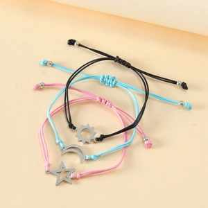 Three-piece sun moon and star handmade woven wax cord bracelets in black blue and pink