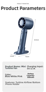 Blue mini USB rechargeable fan size 16.5cm with phone holder base and turbo airflow detail