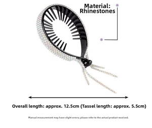 Detail showing crystal rhinestone flower hair clip with dangling tassel and size labels
